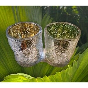 Pair PartyLite Glass Palm Tealight Candle Holders Silver w Green, Yellow Inside